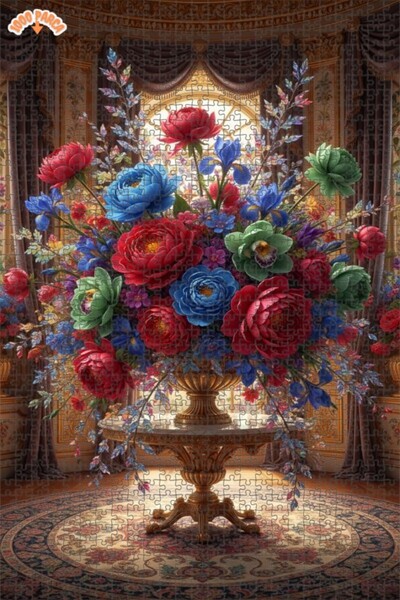 Teona Ahşap Görkemli Vazo Çiçekleri Yağlı Boya Görünümlü Çift katlı Çerçeveli...