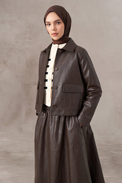 Tuğba Kısa Deri Ceket - Kahve