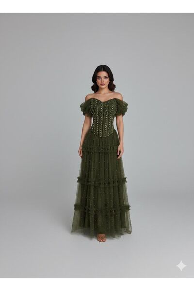 BTROON فستان سهره تل كلوش تطريز لول زركون