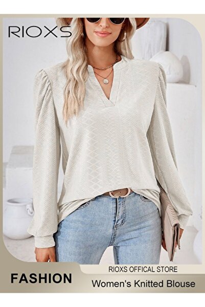 RIOXS Women's V-neck Long Sleeve T-Shirt, Loose Fit Long Lantern Sleeve Pullo...