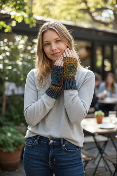 Satürn Hobi Knitted Motif Color Gradient Sparkling Fingerless Gloves