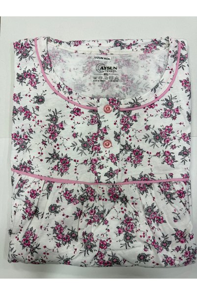AYSUN TEKSTİL Cotton Fabric, Wide Cut Sleeves, Buttoned Waist, Patterned Mother's Nightgown
