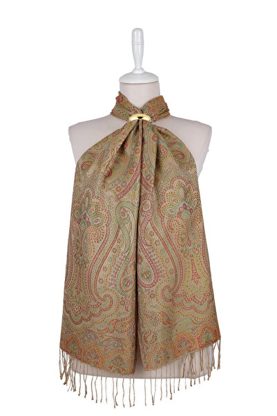 Bursa İpek Beige Green Jamawar Woven Silk Scarf