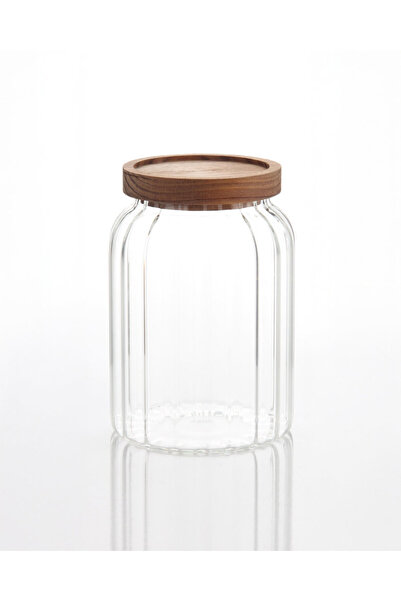 MİEN 2 Pieces Acacia Vacuum Lid Striped Jar 1200ml