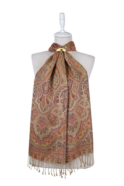 Bursa İpek Beige Red Jamawar Woven Silk Scarf