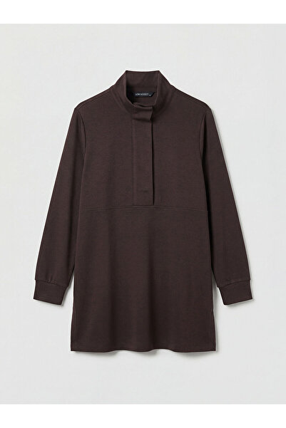 LC Waikiki Kahverengi Dik Yaka Soft Touch Kadın Sweatshirt Tunik