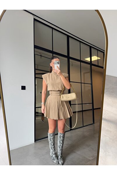 BB Bensu Buyruk Shoulder Pad Piece Belted Pleated Dress Beige