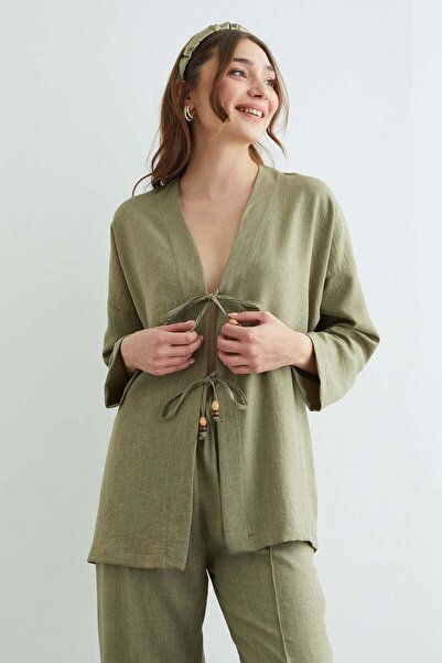 Fulla Moda Set de 2 kimonouri din in cu cravată în față