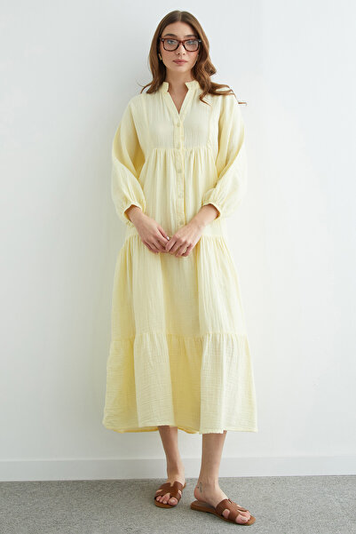 Fulla Moda Fullamodest Half Buttoned High Collar Muslin Dress