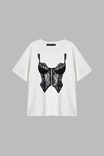 Bak Moda High Printed Relaxed Fit White Women's Tshirt