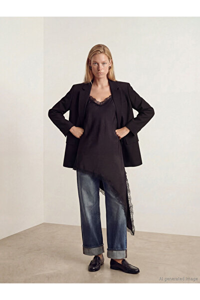 LC Waikiki Black V-Neck Lace Detailed Satin Blouse