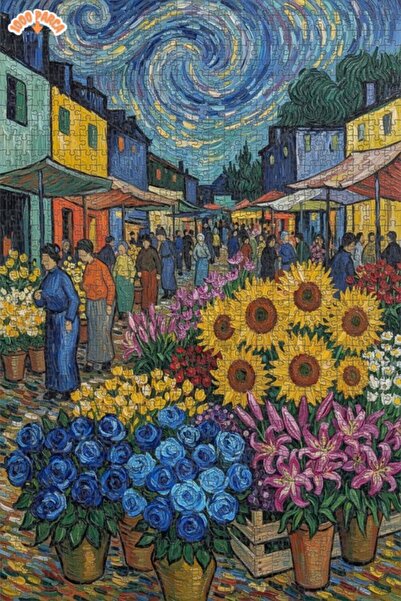 Teona Ahşap Van Gogh Yıldızlı Gece Pazarı Yağlı Boya Çift katlı Çerçeveli Ahş...