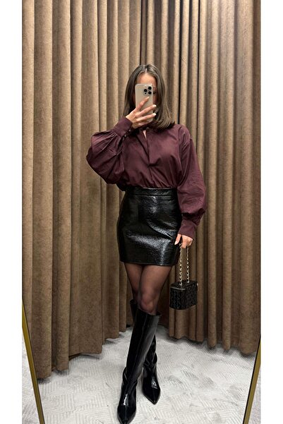 Maysa SİYAH KABARTMA SUNİ DERİLİ ETEK