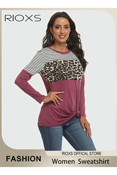 RIOXS Women Long Sleeve Leopard Striped Shirt, Loose Fit Color Block Tunic To...