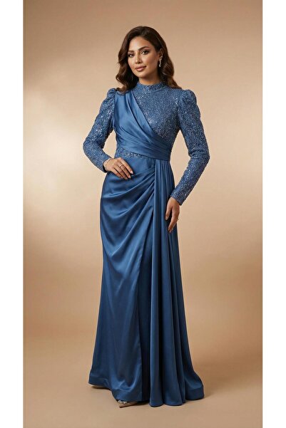 MİSS DİAMOND Satin draped blue hijab evening dress without slit