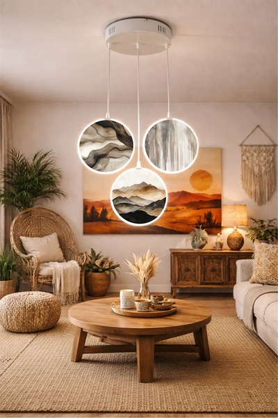 FORECASTE Bohem Tavan Tipi LED Avize 80 cm | 3’lü Yuvarlak Çift Yüz Desenli |...