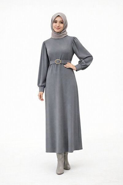 ERVA Kadın Kemerli Fitilli Kumaş Uzun Tesettür Elbise