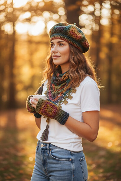 Satürn Hobi Knitted Bohemian Color Gradient, Sparkling Gloves & Neck Warmer &...