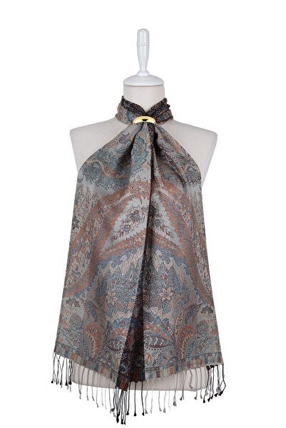 Bursa İpek Gray Taba Jamawar Woven Silk Scarf