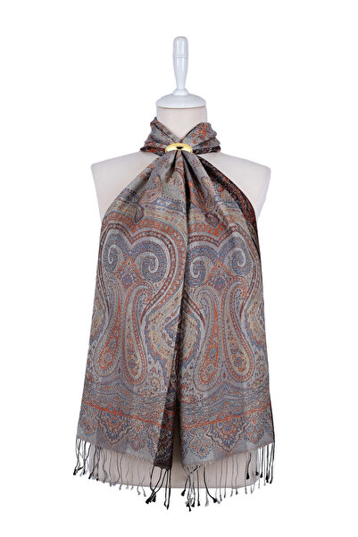 Bursa İpek Gray Taba Jamawar Woven Silk Scarf