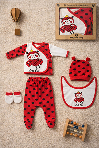 Mai Perla Ladybug Themed Organic Cotton Newborn Hospital Discharge Set 5 Piec...