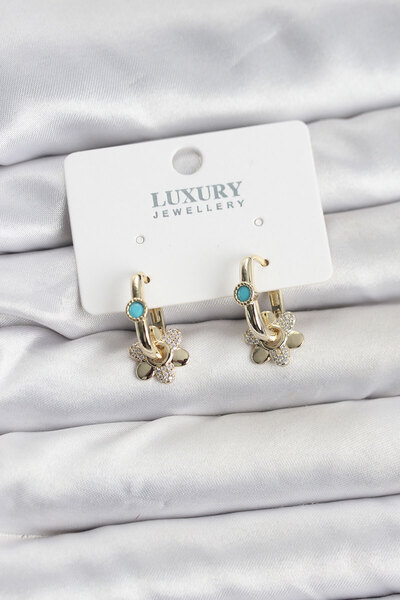 Skygo Mavi Taş Detaylı Pirinç Gold Renk Kadın Göçmen Küpesi - TJ-BKP11598