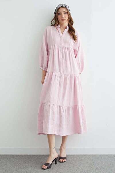 Fulla Moda Fullamodest Half Buttoned High Collar Muslin Dress
