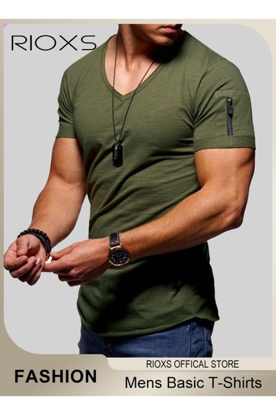 RIOXS Men V-Neck T-Shirt, Casual Basic Shirts, Summer Slim-fit Top, Made of H...