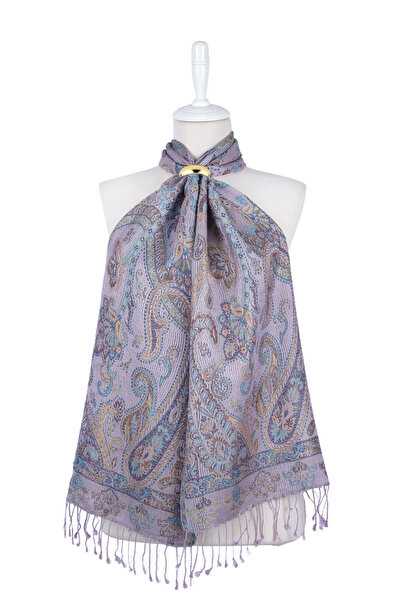 Bursa İpek Lilac Turquoise Jamawar Woven Silk Scarf