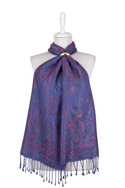 Bursa İpek Blue Green Jamawar Woven Silk Scarf