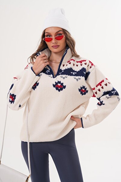 ŞİMAL Women's Patterned Plush Sweatshirt with Zipper Detail on the Collar 255...