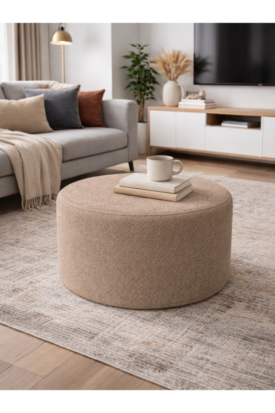 İMZA CRAFT Bukle Kumaş Yuvarlak Puf – Modern Dekoratif Puf Sehpa