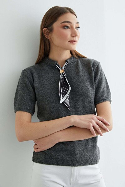 Fulla Moda Scarf Detailed Crew Neck Short Sleeve Knitwear Sweater