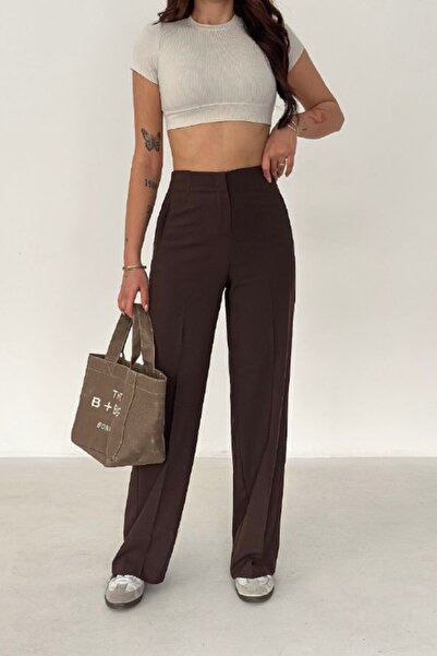 The Robi Women's Brown High Waist Wide Leg Fabric Trousers
