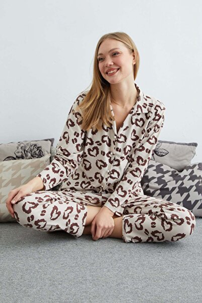 Fulla Moda Büyük Beden Kalp Baskılı Düğmeli Pijama Takımı