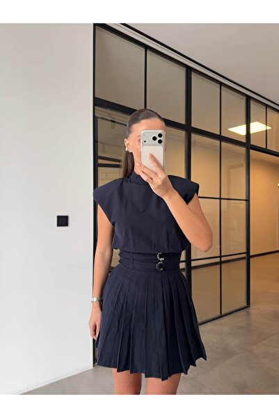BB Bensu Buyruk Shoulder Pad Piece Belted Pleated Dress Navy Blue
