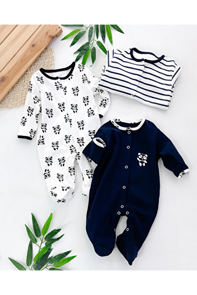 hümabebe Striped Panda Pattern Transitional 3-Piece Jumpsuit Set with Snap Fa...
