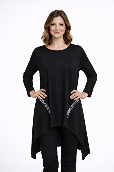 Şans Women's Plus Size Black, Asymmetrical Cut Stripe Stone Detailed Long Tun...