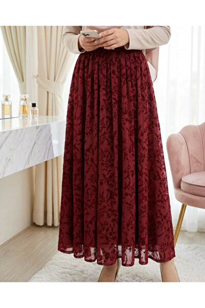 Modamorfo Lined Belted Embossed Patterned Organza Skirt - Burgundy