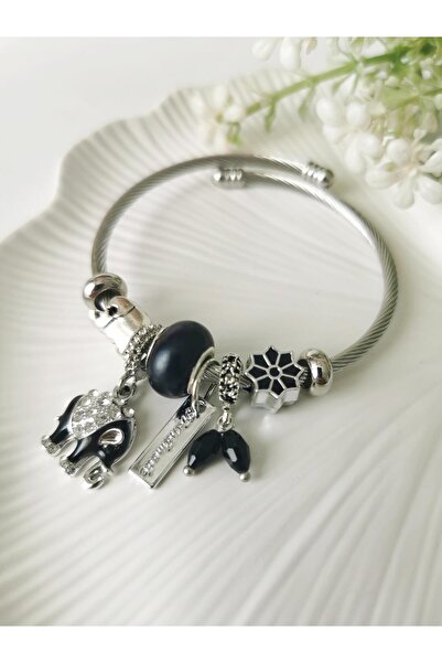Halley Concept Steel Black Beaded Elephant Model Charm Bracelet