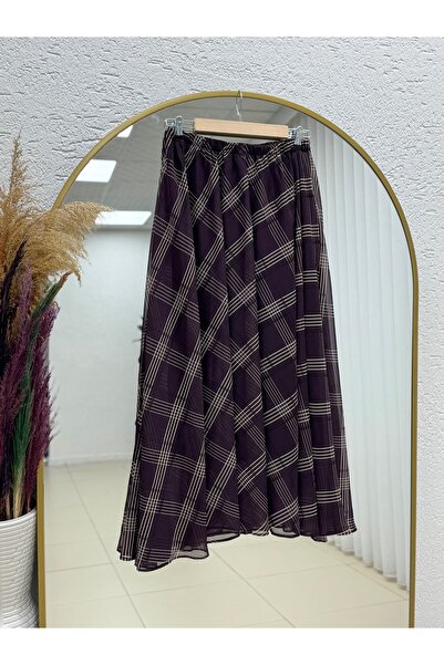 MİHRA STORE Turkan Elastic Waist Patterned Chiffon Skirt-Bn4594 Plum