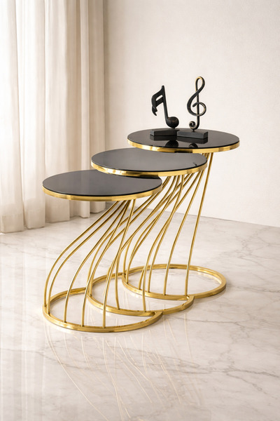 çelsan Kobra Model 3'lü Zigon Sehpa - Metal Ayaklı Modern Tasarım - Gold ve G...