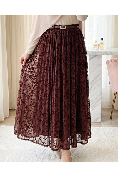 Modamorfo Φούστα Οργάντζα με Φόδρα, Ζώνη και Ανάγλυφο Σχέδιο -K. Μπορντό