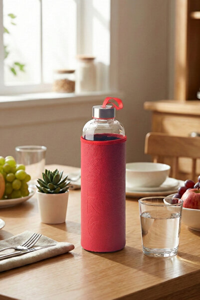 Poomy 1 Liter Glass Flask with Leather Cover - 1000 ml Stylish Water Bottle Red