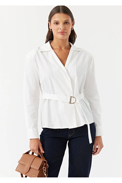Vinales Belted Shirt with Snap Buttons on the Shoulder V Shoulder Pad I - White