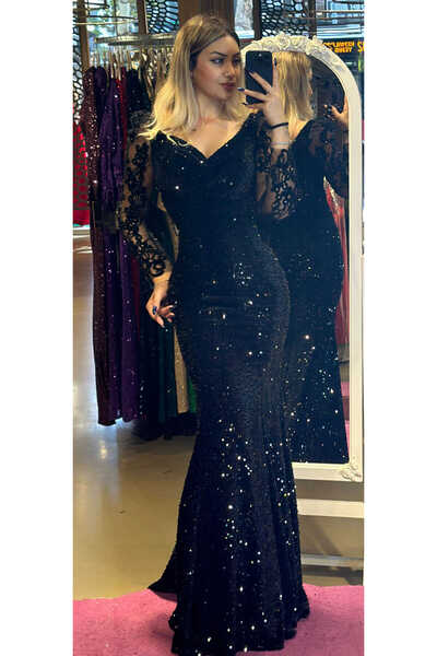 Abiyeniall Siyah Uzun Kollu Balık Etekli Pul Payet Uzun Abiye Elbise 7438