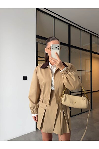 BB Bensu Buyruk Brown Collared Bomber Jacket with Elastic Waist