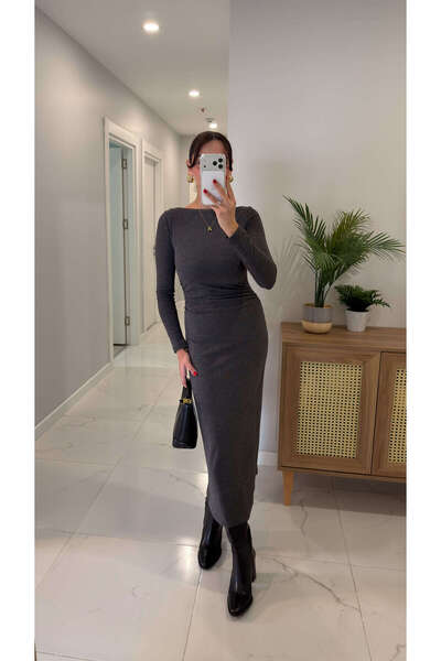 BİRCANÇİL Alagos Anthracite Knitwear Dress with Gathered Sides