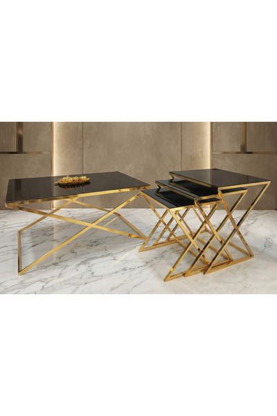 çelsan X Model Metal Ayaklı Siyah Dikdörtgen Orta Sehpa (60x90) - Gold ve Güm...