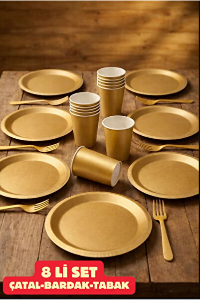 Gold Karton Tabak Bardak Çatal Seti Doğum Günü Kutlaması 8 Kişilik